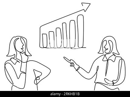 Fortlaufende einzeilige Zeichnung von zwei Geschäftsfrauen, die seinem Team mit der Grafik eine Präsentation über die Steigerung des Produktumsatzes geben. Intelligente Strategie Stock Vektor