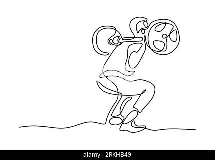 One single line drawing of young sportive man training lift barbell on bench press in sport gymnasium club center. Fitness stretching concept isolated Stock Vector
