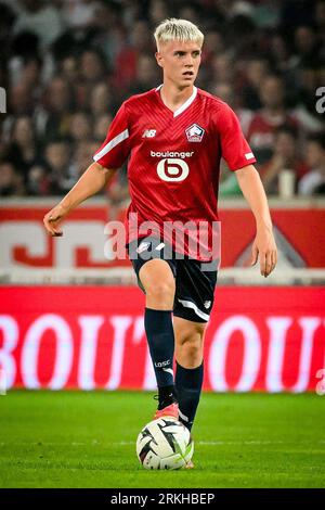Lille, Frankreich. August 2023. Hakon Arnar Haraldsson aus Lille während des Spiels der UEFA Europa Conference League zwischen Lille Olympique Sporting Club und HNK Rijeka spielte am 24. August 2023 im Stade Pierre-Mauroy in Lille, Frankreich. (Foto: Matthieu Mirville/PRESSINPHOTO) Credit: PRESSINPHOTO SPORTS AGENCY/Alamy Live News Stockfoto