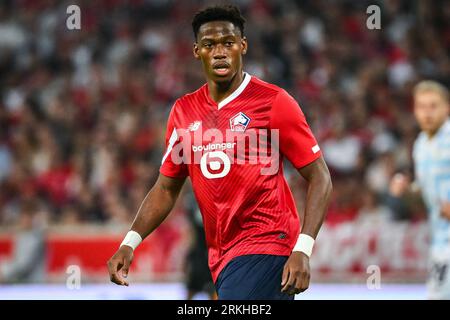 Lille, Frankreich. August 2023. Jonathan David aus Lille spielte während des Spiels der UEFA Europa Conference League zwischen Lille Olympique Sporting Club und HNK Rijeka am 24. August 2023 im Stade Pierre-Mauroy in Lille, Frankreich. (Foto: Matthieu Mirville/PRESSINPHOTO) Credit: PRESSINPHOTO SPORTS AGENCY/Alamy Live News Stockfoto