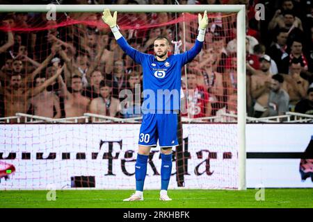 Lille, France. 24th Aug, 2023. Lucas Chevallier of Lille during the UEFA Europa Conference League match between Lille Olympique Sporting Club and HNK Rijeka played at Stade Pierre-Mauroy on August 24, 2023 in Lille, France. (Photo by Matthieu Mirville/PRESSINPHOTO) Credit: PRESSINPHOTO SPORTS AGENCY/Alamy Live News Stockfoto