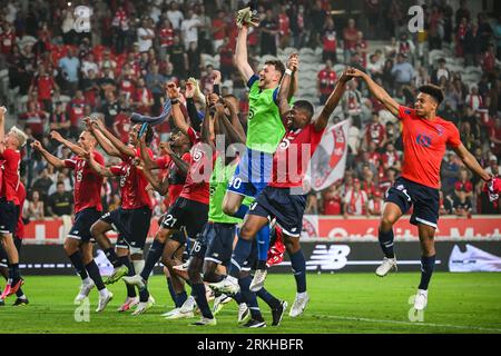 Lille, France. 24th Aug, 2023. Players of Lille celebrate the victory during the UEFA Europa Conference League match between Lille Olympique Sporting Club and HNK Rijeka played at Stade Pierre-Mauroy on August 24, 2023 in Lille, France. (Photo by Matthieu Mirville/PRESSINPHOTO) Credit: PRESSINPHOTO SPORTS AGENCY/Alamy Live News Stock Photo