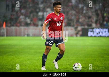 Lille, Frankreich. August 2023. Tiago Santos aus Lille während des Spiels der UEFA Europa Conference League zwischen Lille Olympique Sporting Club und HNK Rijeka am 24. August 2023 im Stade Pierre-Mauroy in Lille, Frankreich. (Foto: Matthieu Mirville/PRESSINPHOTO) Credit: PRESSINPHOTO SPORTS AGENCY/Alamy Live News Stockfoto