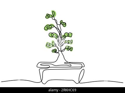 Durchgehende einzeilige Zeichnungsstruktur im Topf. Schönheit und exotische Miniatur Bonsai Baum für Wohndekoration isoliert auf weißem Hintergrund. Zimmerpflanzen im Miniformat Stock Vektor