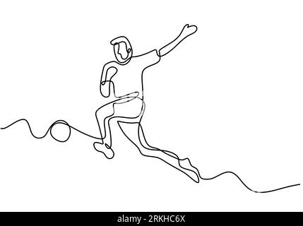 Continuous one line drawing a male soccer player in shorts kicks the ball. Young energetic guy playing football with free style. Soccer match sports c Stock Vector