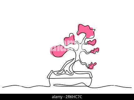 Durchgehende einzeilige Zeichnungsstruktur im Topf. Schönheit und exotische Miniatur Bonsai Baum für Wohndekoration isoliert auf weißem Hintergrund. Zimmerpflanzen im Miniformat Stock Vektor