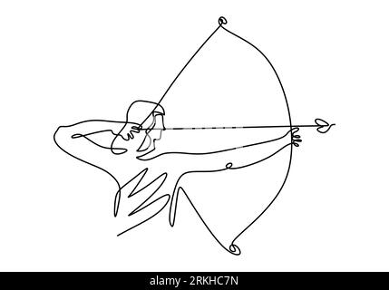 Eine durchgehende Linienzeichnung einer jungen, energiegeladenen Bogenschützin, die den Bogen zieht, um ein Ziel im Bogenschießen zu schießen. Professionelle Bogenschützin, die sich auf Teer konzentriert Stock Vektor