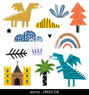 Cute happy monster set. Cute dragonfly dinosaur cartoon character with castle, clouds, tree and rainbow for kids fairytale dino illustration isolated Stock Vector