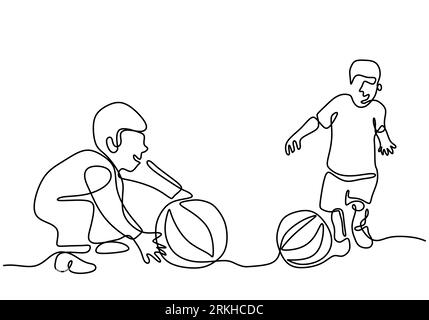 Two little boy playing together one continuous line drawing vector illustration isolated on white background. Happy children playing ball at field. Pl Stock Vector