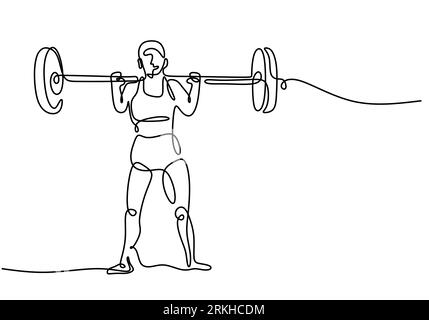 One single line drawing of young sportive man training lift barbell on bench press in sport gymnasium club center. Fitness stretching concept isolated Stock Vector