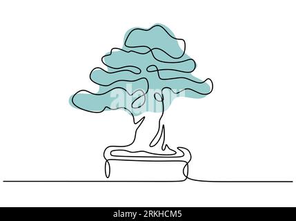Durchgehende einzeilige Zeichnungsstruktur im Topf. Schönheit und exotische Miniatur Bonsai Baum für Wohndekoration isoliert auf weißem Hintergrund. Zimmerpflanzen im Miniformat Stock Vektor