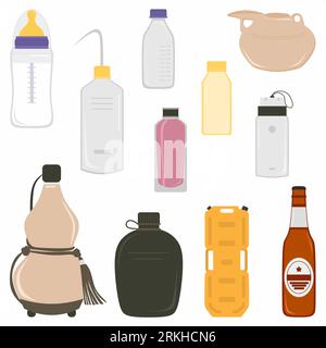 Bottle of water in different style vector set collection isolated on white background. Baby milk bottle, beer bottle, calabash bottle, thermos bottle, Stock Vektor