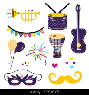 Collection of decorative elements for holiday. Cute childish props for little child. Set of colorful party icons : balloon, guitar, trumpet, drum, mas Stock Vector