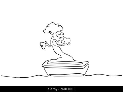 Ein Bonsai-Baum im Topf, ein Vektor mit durchgehender Linienzeichnung, isoliert auf weißem Hintergrund mit minimalem Design. Dekorative alte Miniaturpflanzen für Zuhause int Stock Vektor