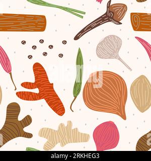 Nahtloses Vektor-Muster mit Kräutern wie Ingwer, Chili, Zwiebeln, roter Zwiebel, Knoblauch, Nelke, Zitronengras, Kurkuma. Skizzieren Sie ein Gewürzdesign für Pape Stock Vektor
