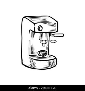 Vector Hand gezeichnete Kaffeemaschine und Kapseln Illustration. Detailliertes Retro-Bild der Kaffeemühle. Altes klassisches Skizzenelement für Stock Vektor