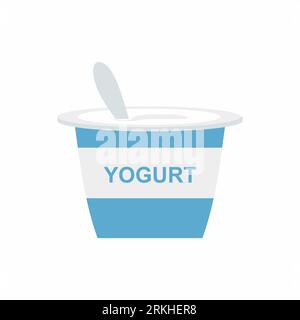 Flat vector illustration yoghurt cream icon. Colored yogurt cup with a spoon isolated on white background. Vector element can be used for cream, yogur Stock Vector