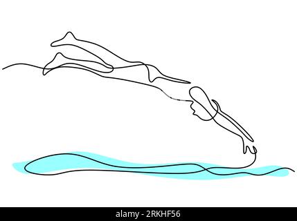 Continuous line drawing of young happy professional swimmer man jump to swimming pool center. Sport event. concept. Competition vector minimalistic sp Stock Vektor
