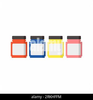 Set of textile paint bottle. Paint different colors isolated on white background. Extended toolkit of art supplier for artists and designers. Vector f Stock Vector