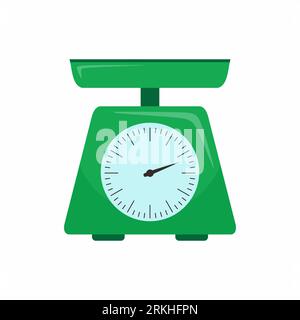 Kitchenware scales flat icon. Green scales with round dial and scale-pan isolated on a white background. Cartoon illustration of domestic weigh scales Stock Vector