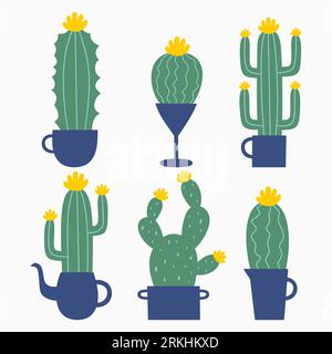 Set of six illustrations of cute cartoon cactus and succulents with funny faces in pots. Cactuses with light green color.Vector illustration. Can be u Stock Vector