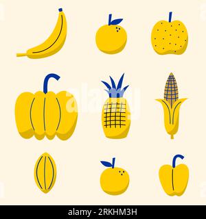 Tropisches Fruchtmix-Design auf weißem Hintergrund. Lebensmittelsymbolset wie Banane, Orange, Apfel, Kürbis, Zitrone, Mais, Sternfrucht. Illustrations Kollektion Stock Vektor