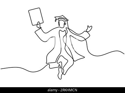 Durchgehende Linienzeichnung eines jungen glücklichen männlichen Schülers, der springt, um sein Abschlussergebnis zu feiern, Abschluss: Handgezeichnetes Kunst-Minimalismus-Design. Campus lif Stock Vektor