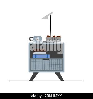 Grey bedside table with books, mug, bowl of cookies, and table lamp. Stock Vector