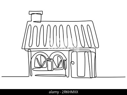 Eine durchgehende Linienzeichnung eines einfachen Hauses mit Schornsteinen. Familie Haus minimalistische Skizze lineares Design isoliert auf weißem Hintergrund. Außenansicht des Hauses c Stock Vektor