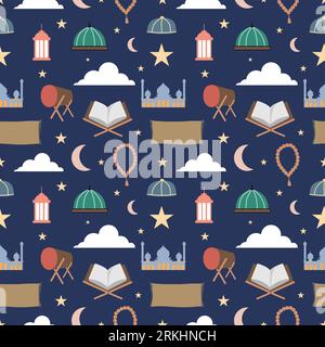 Islamisches nahtloses Muster für Ramadhan- und eid-Mubarrak-Ereignisse. Muslimische ramadan kareem Ikonen Trommel, Moschee Kuppel, Gebetskugeln, Schleier, Gebetsmatte, Mukena, A Stock Vektor