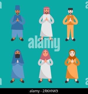 Set of three boys and three girls dressed in Islamic clothing stand and celebrating ramadhan, eid mubarak. Fasting day of celebration concept. flat ca Stock Vektor