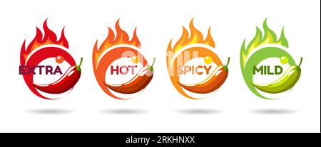 Set of Hot Chili Pepper Labels. Peppers with Fire Flames Spicy Food Emblems for sauce and ketchup design isolated on white. Vector illustration. Stock Vector