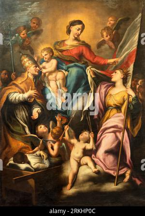 GENUA, ITALIEN - 6. MÄRZ 2023: Das Gemälde der Madonna mit dem Heiligen Gregor dem Großen und dem Heiligen Orsola in der Kirche Basilica della Santissima Annunziata Stockfoto