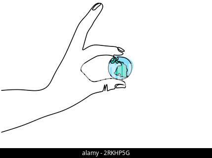 Durchgehende einzeilige Zeichnung von Händen, die Erdkugel isoliert auf weißem Hintergrund halten. Thema des Erdtags. Eine menschliche Hand, die den Weltplaneten Erde zusammenhält Stock Vektor