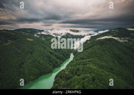 This image captures a stunning aerial view of a majestic river meandering through a vibrant valley of lush green forests Stock Photo