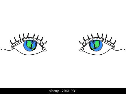 Durchgehende Linienzeichnung oder einzeilige Zeichnung menschlicher Augen mit Erdkugel isoliert auf weißem Hintergrund. Handgezeichnete Illustration für Logo, Emblem und Desi Stock Vektor