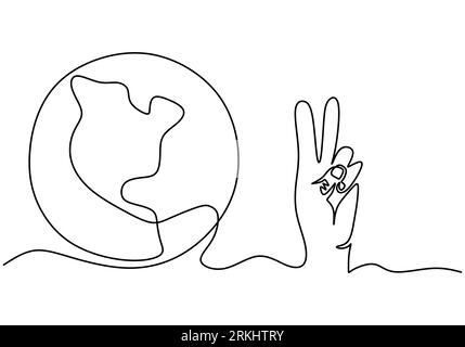 Continuous one line drawing of hands with Earth globe isolated on white background. Earth Day theme. A human hand with world planet earth contour hand Stock Vector