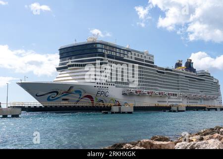 A closeup of a Norwegian Cruise Lines NCL Cruise Ship Norwegian Epic in Caribean Harbour Stock Photo