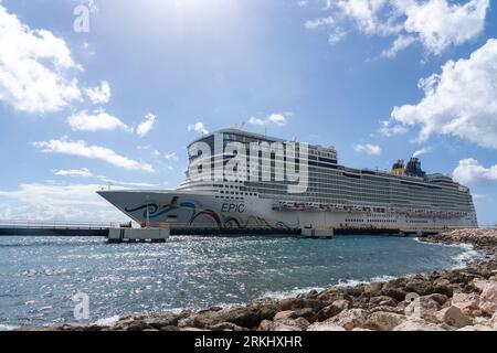 A closeup of a Norwegian Cruise Lines NCL Cruise Ship Norwegian Epic in Caribean Harbour Stock Photo