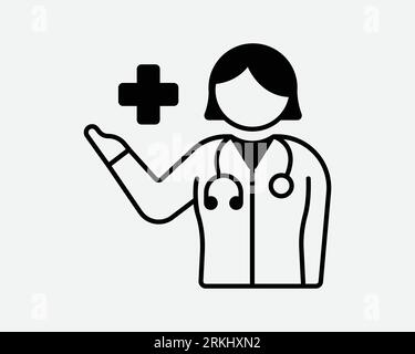 Female Doctor Icon Woman Lady Girl Nurse Healthcare Worker Physician Medic Medical Officer Specialist Black White Outline Clipart Vector Sign Symbol Stock Vector