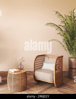 Japandi boho beige interior with green palm plants and armchair background. Light modern australian livingroom. 3d rendering. High quality 3d Stock Photo