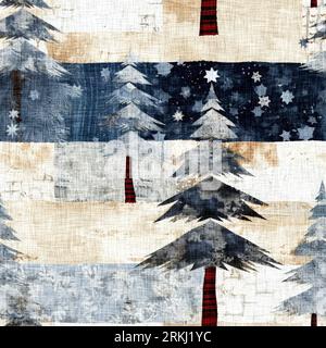 Altmodischer weihnachtsbaum mit primitivem Handnähstoff-Effekt. Gemütliches, nostalgisches, selbstgemachtes, handgefertigtes Kunsthandwerk mit nahtlosem Muster Stockfoto