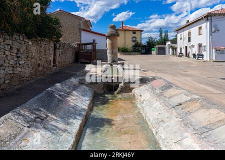 Europa, Spanien, Kastilien und León, Olleros de Pisuerga, traditionelle Häuser und Wasserbrunnen an der Calle Mayor Ollé Stockfoto