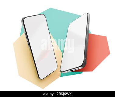 Zwei Smartphones nebeneinander mit modernen, rahmenlosen, leeren Bildschirmen. 3D-Rendering vor dem Hintergrund von drei Sechsecken in Gelb, Grün und Rot. Stockfoto
