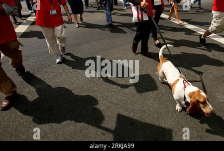 Bildnummer: 56069086  Datum: 22.09.2011  Copyright: imago/Xinhua (110922) -- LOS ANGELES, Sept. 22, 2011 (Xinhua) -- A dog is seen among the American healthcare workers during a strike to protest against proposed budget and benefit cuts as well as reduction of patients treatment level at Kaiser Permanente Los Angeles Medical Center in Los Angeles, California, the United States, Sept. 22, 2011. According to the National Union of Healthcare Workers, as many as 23,000 healthcare workers will walk out of their jobs during the protest across California. Depending on the different locations, the str Stock Photo