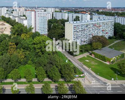 Leipzig, Germany. 23rd Aug, 2023. The residential area with prefabricated buildings from GDR times on the Straße des 18. Oktobers in the south of Leipzig is progressing. (Aerial view with drone) Credit: Jan Woitas/dpa/Alamy Live News Stock Photo