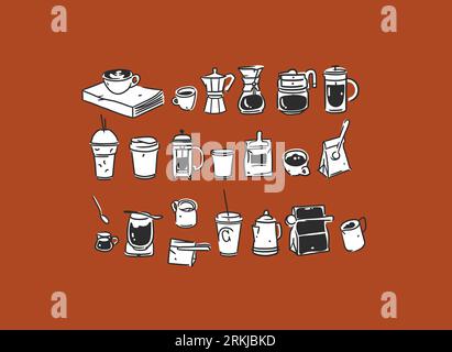 Set aus Kaffeeelementen, Wasserkocher, Tasse und Tassen. Trendigende Vektorbilder für Cafés und Restaurantmenüs. Handgezeichnetes Café-Design Stock Vektor