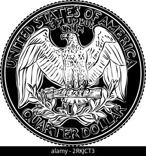 American money, USA Washington quarter dollar, Bald eagle on reverse. Black and white image Stock Vektor