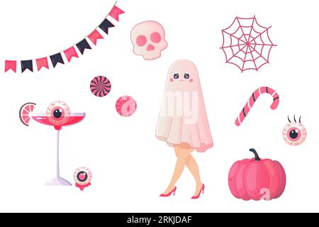 Set of pink Halloween stickers doll, pumpkin, candy, girl, cocktails. Stickers, vector illustration Stock Vector
