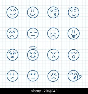 Emojis-Gesichter-Symbol im handgezeichneten Stil. Doddle Emoticons Vektor-Illustration auf isoliertem Hintergrund. Glückliches und trauriges Gesichtszeichen Geschäftskonzept. Stock Vektor